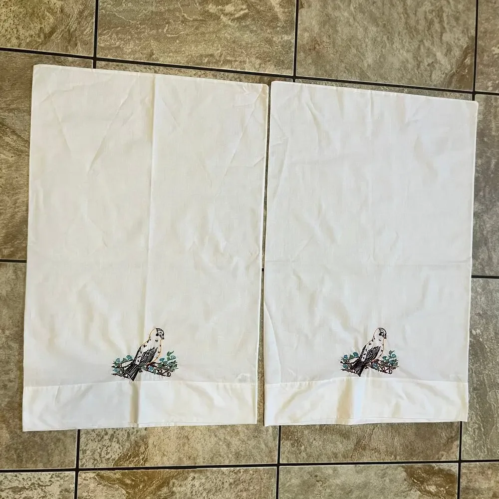 Vintage Pillowcases Pair Embroidered Bird Branch Kmart Kresge 1970s Decor